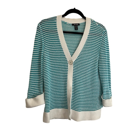 Spring + Mercer Teal White Beach Open Knit Single Button Cardigan Womens Size L - Picture 1 of 10